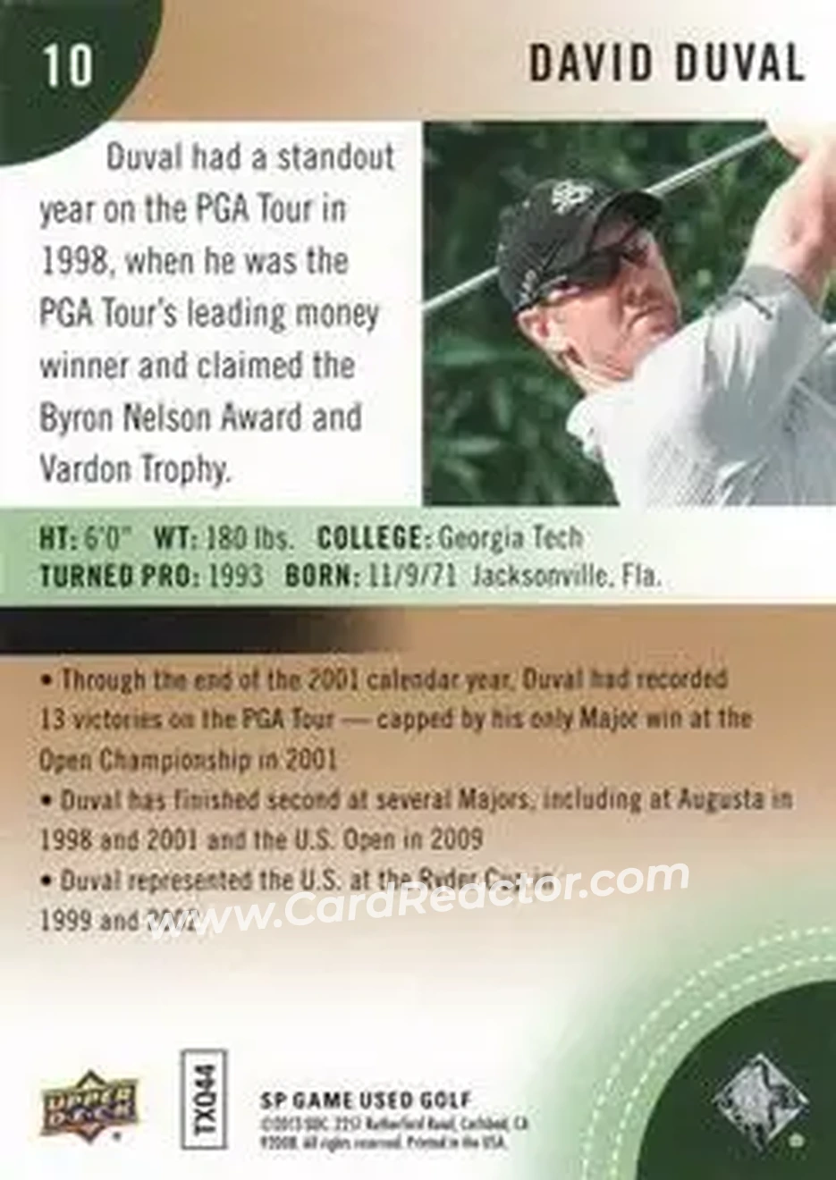 2014 SP Game Used #10 - David Duval - Back