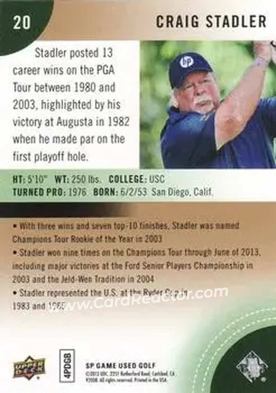 2014 SP Game Used #20 - Craig Stadler - Back