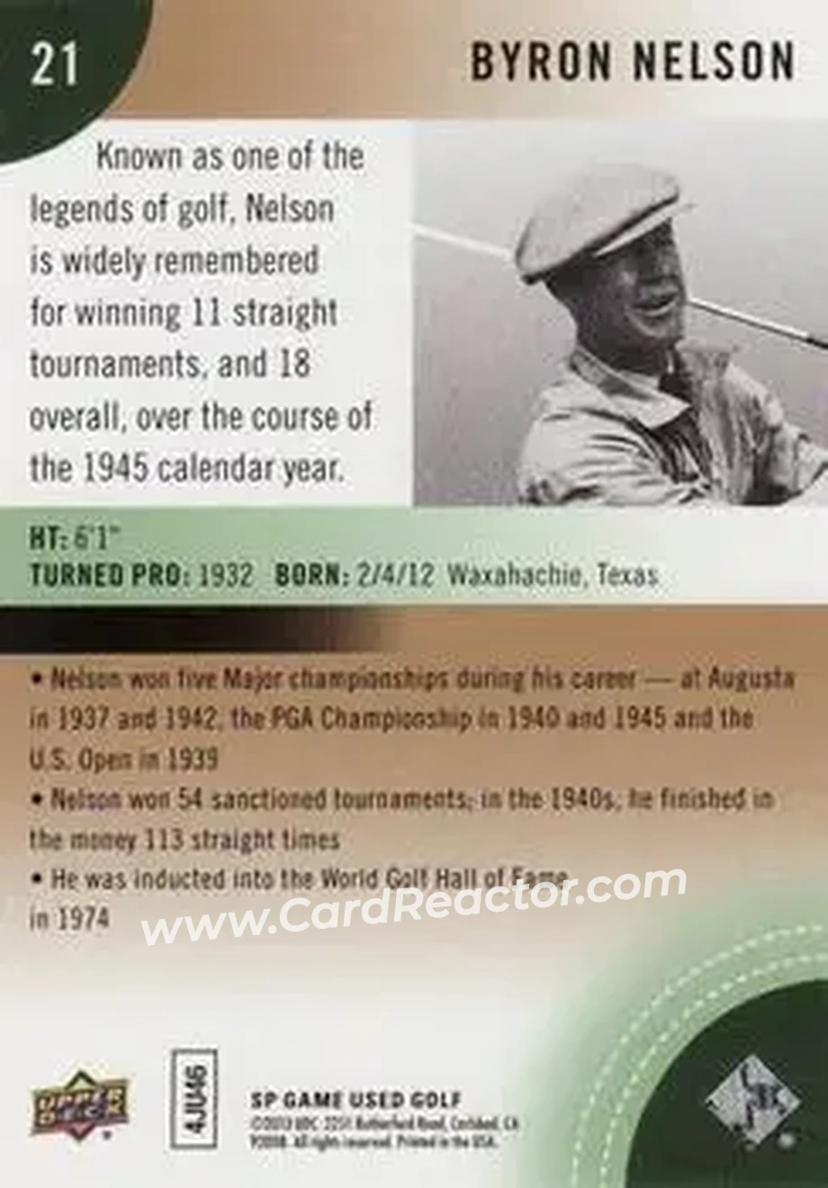 2014 SP Game Used #21 - Byron Nelson - Back