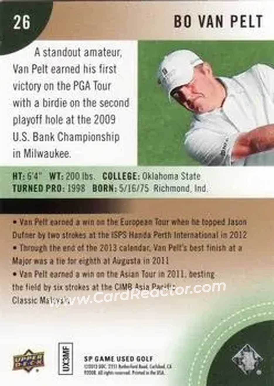 2014 SP Game Used #26 - Bo Van Pelt - Back