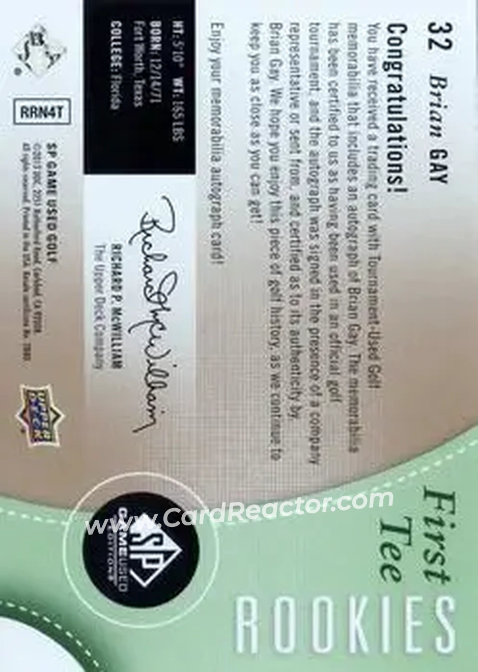 2014 SP Game Used #32 - Brian Gay - Back
