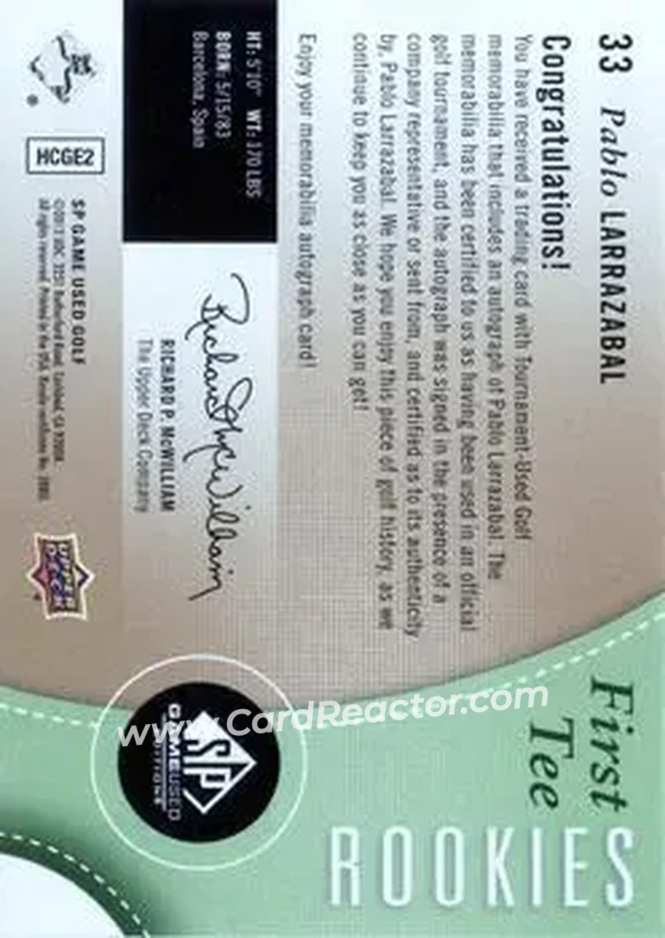 2014 SP Game Used #33 - Pablo Larrazabal - Back