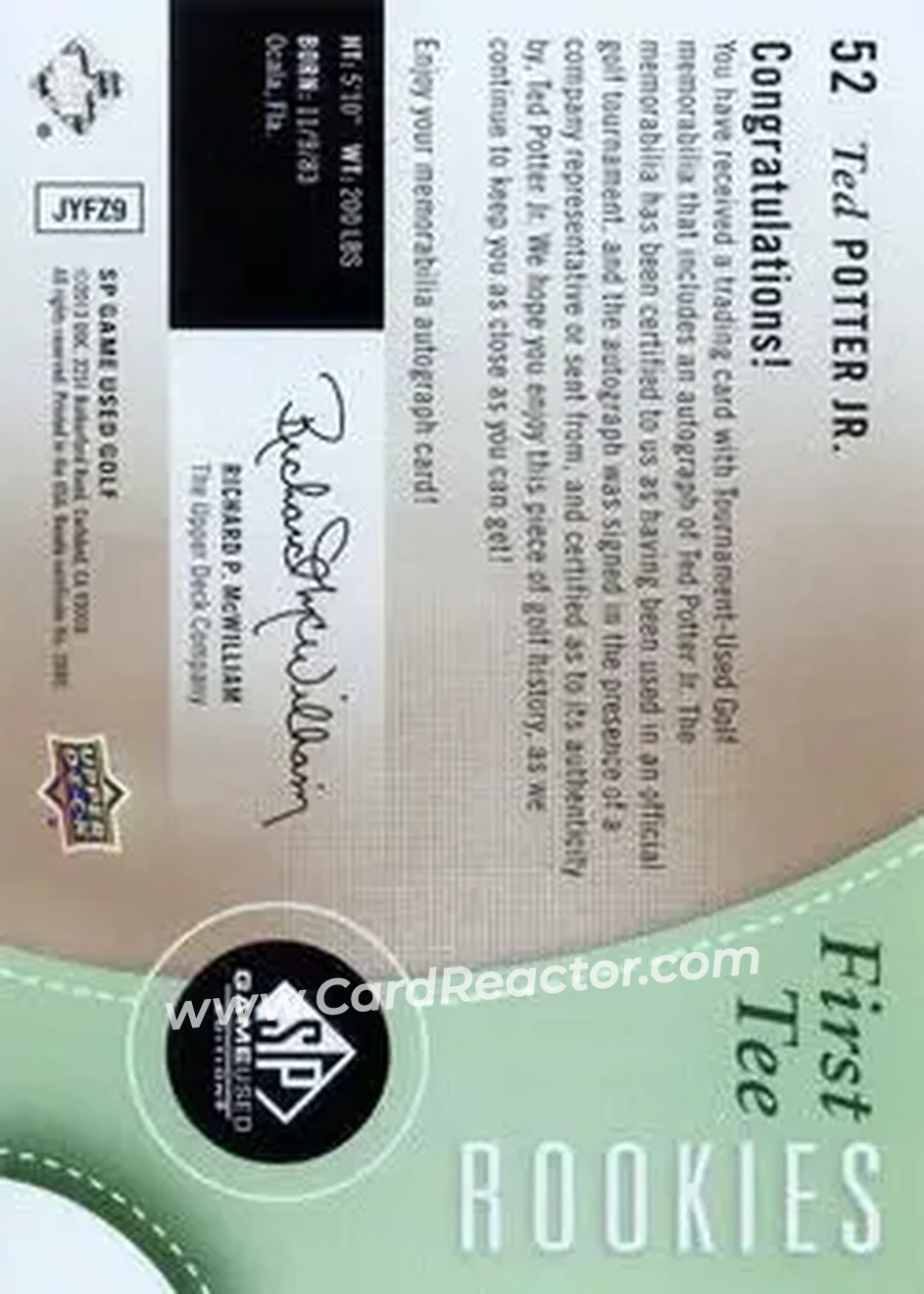2014 SP Game Used #52 - Ted Potter Jr. - Back