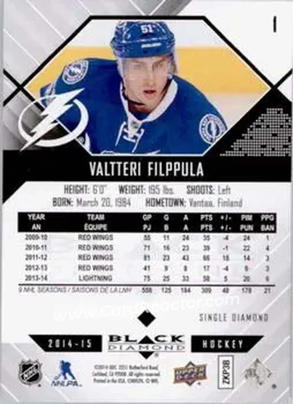 2014-15 Upper Deck Black Diamond #1 - Valtteri Filppula - Tampa Bay Lightning - Back