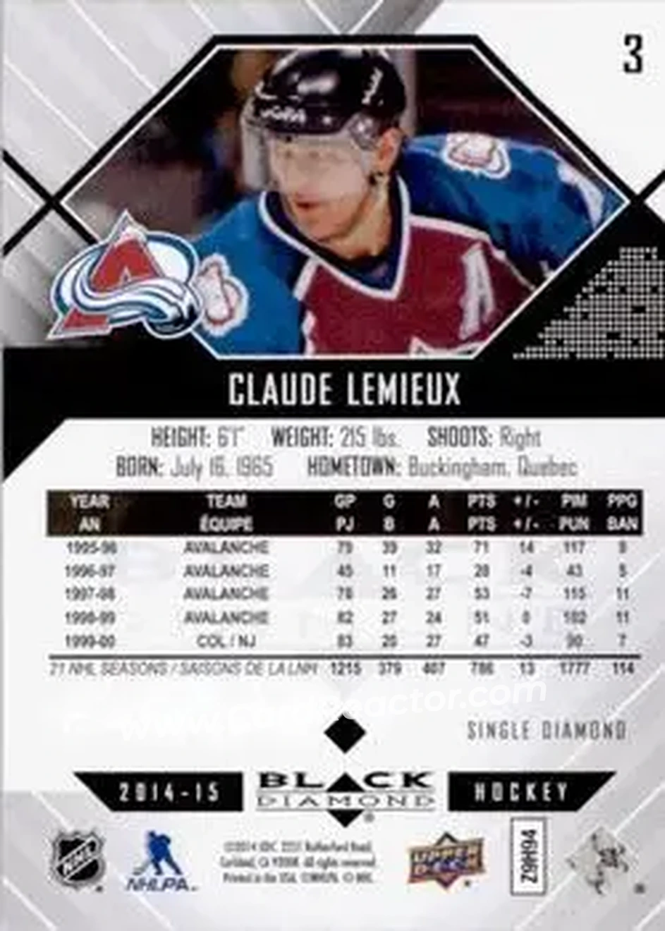 2014-15 Upper Deck Black Diamond #3 - Claude Lemieux - Colorado Avalanche - Back