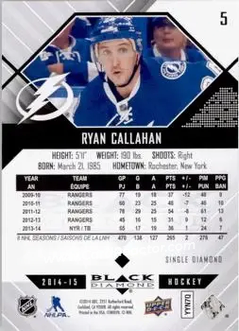 2014-15 Upper Deck Black Diamond #5 - Ryan Callahan - Tampa Bay Lightning - Back
