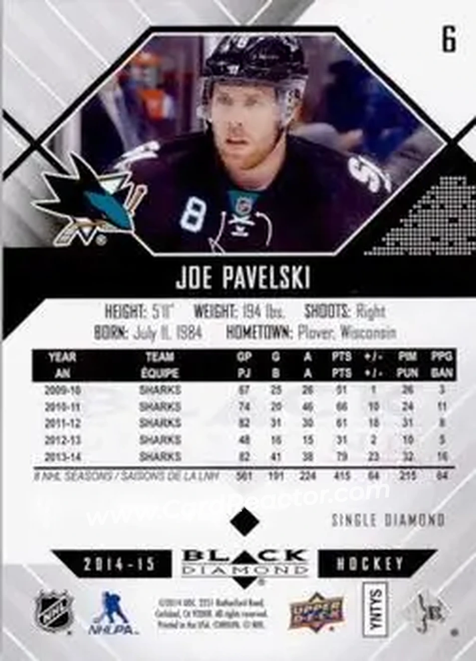 2014-15 Upper Deck Black Diamond #6 - Joe Pavelski - San Jose Sharks - Back