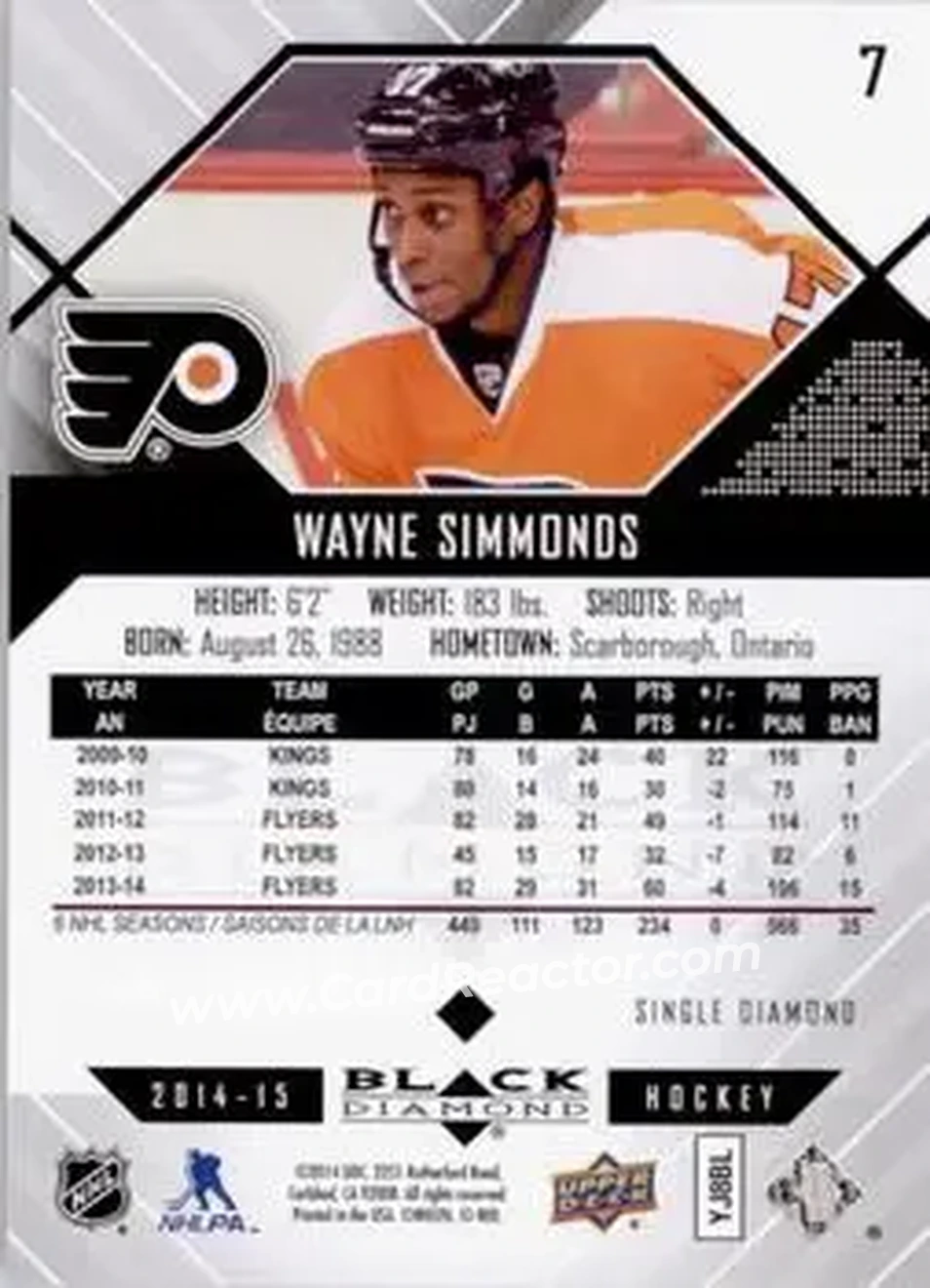 2014-15 Upper Deck Black Diamond #7 - Wayne Simmonds - Philadelphia Flyers - Back