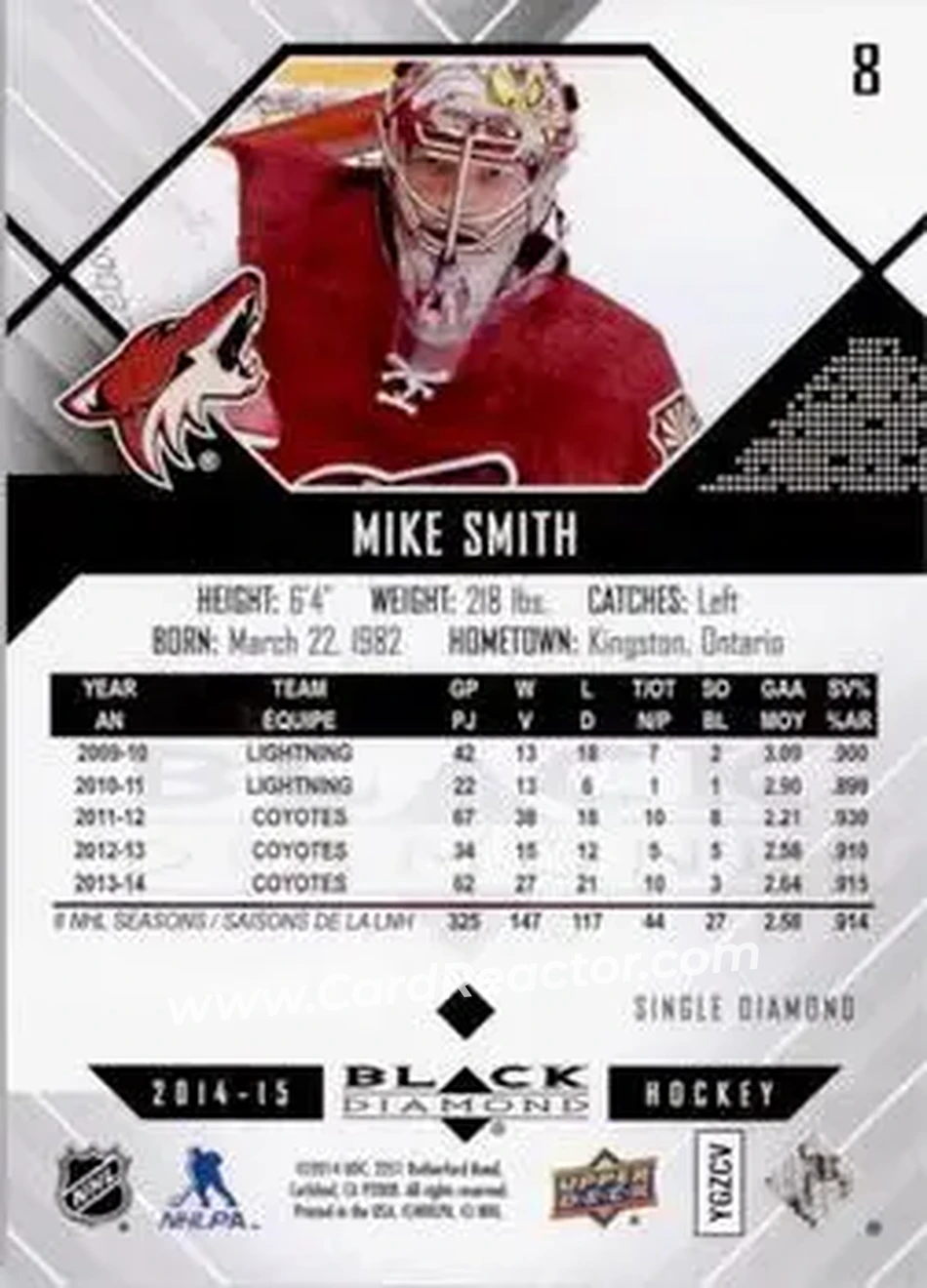 2014-15 Upper Deck Black Diamond #8 - Mike Smith - Arizona Coyotes - Back