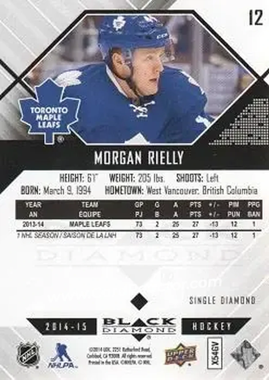 2014-15 Upper Deck Black Diamond #12 - Morgan Rielly - Toronto Maple Leafs - Back