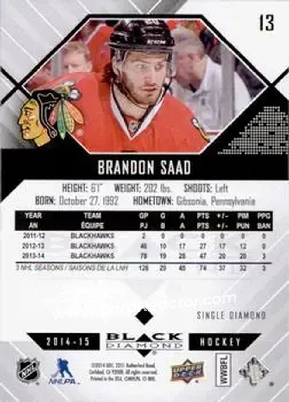 2014-15 Upper Deck Black Diamond #13 - Brandon Saad - Chicago Blackhawks - Back