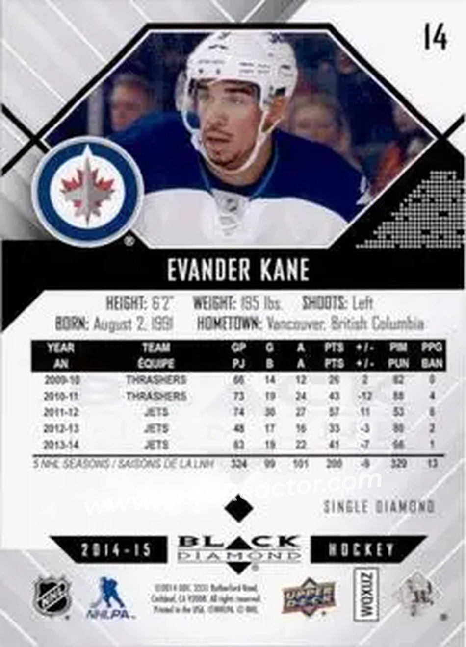 2014-15 Upper Deck Black Diamond #14 - Evander Kane - Winnipeg Jets - Back