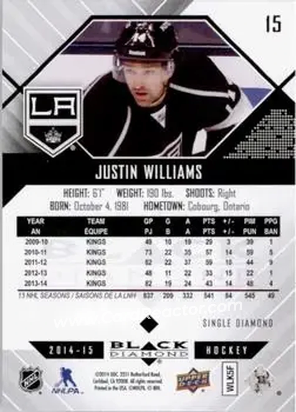 2014-15 Upper Deck Black Diamond #15 - Justin Williams - Los Angeles Kings - Back