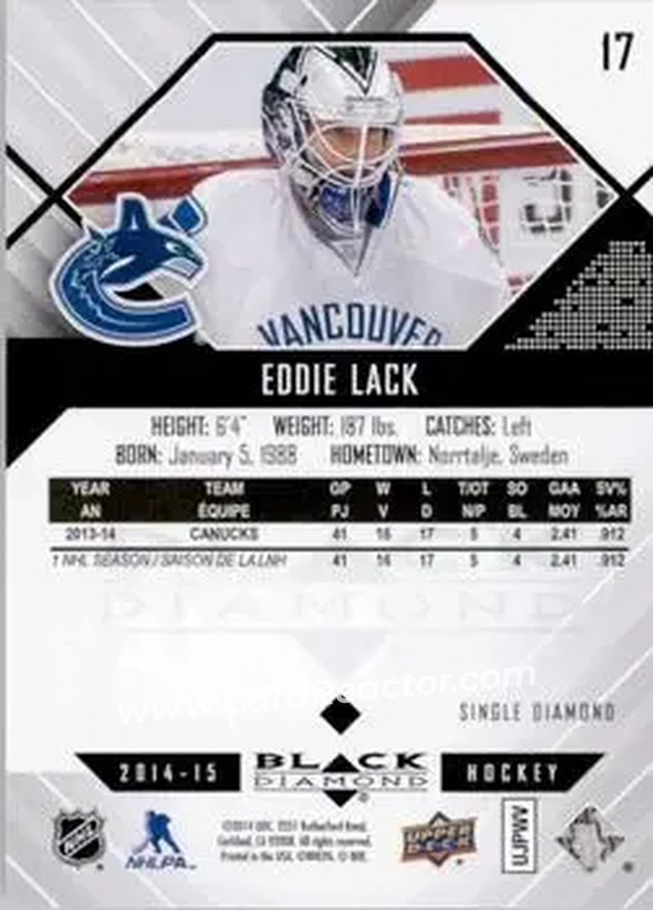 2014-15 Upper Deck Black Diamond #17 - Eddie Lack - Vancouver Canucks - Back