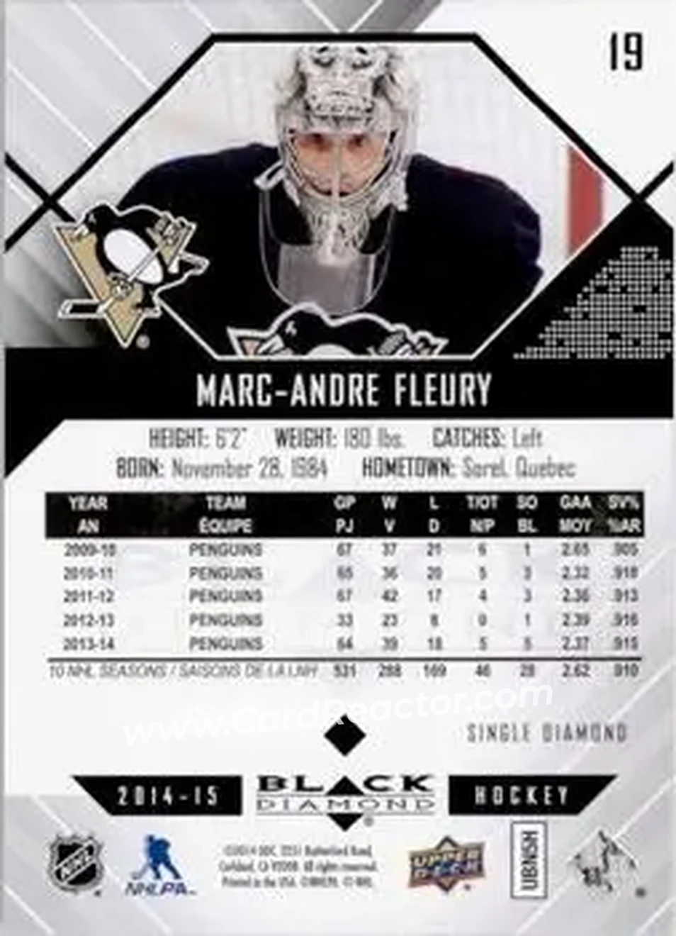 2014-15 Upper Deck Black Diamond #19 - Marc-Andre Fleury - Pittsburgh Penguins - Back