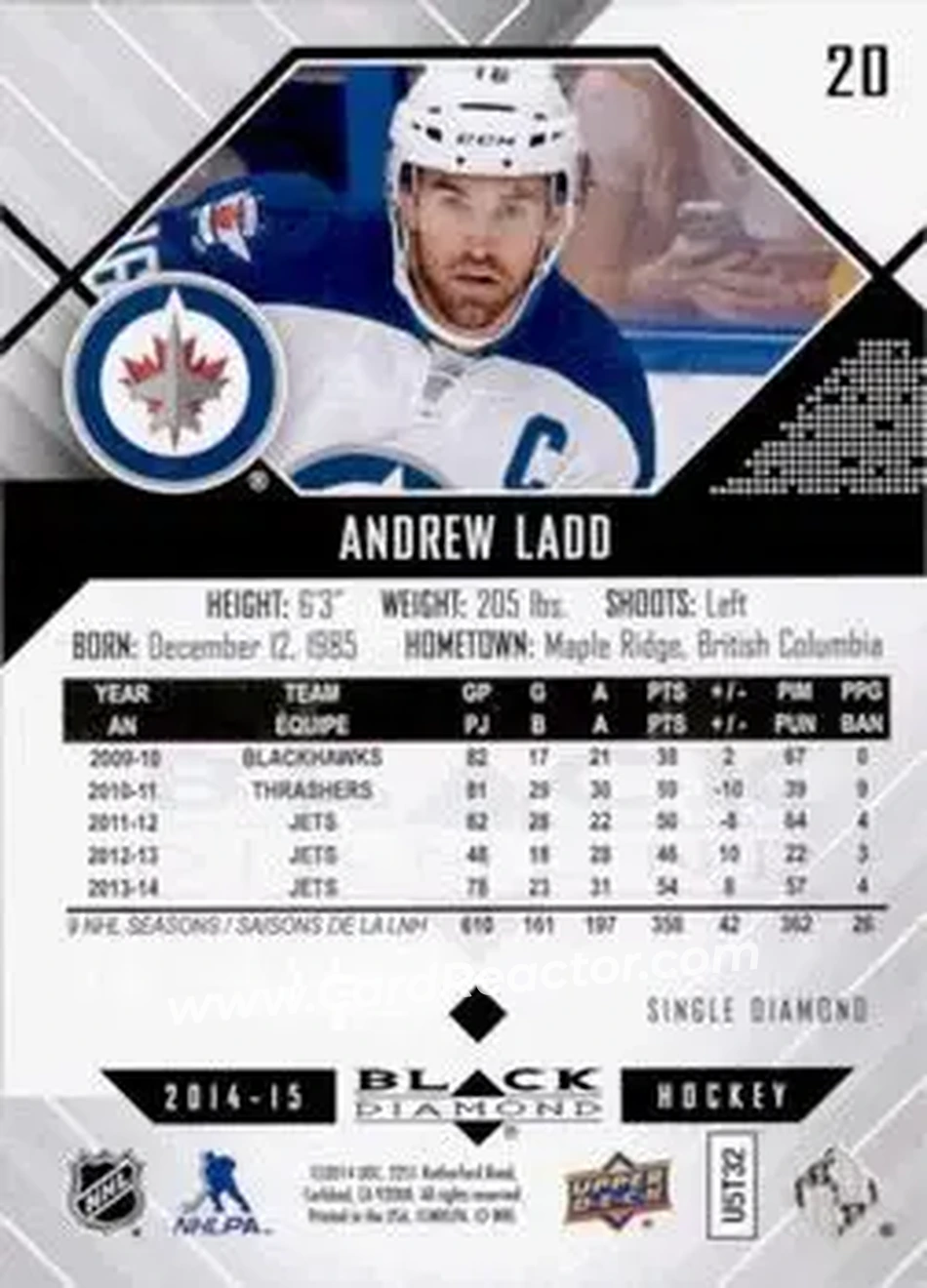 2014-15 Upper Deck Black Diamond #20 - Andrew Ladd - Winnipeg Jets - Back