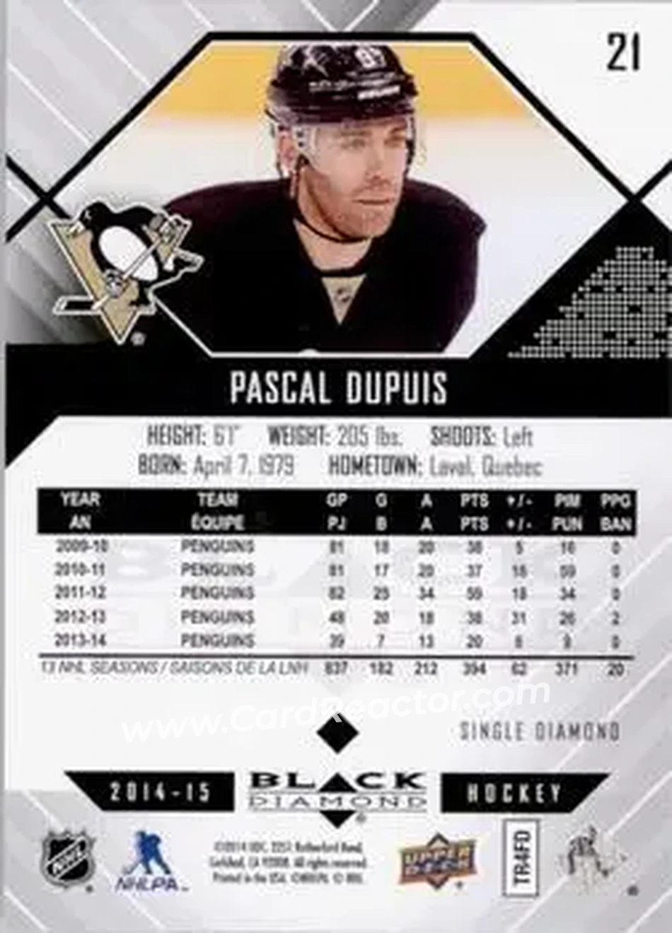 2014-15 Upper Deck Black Diamond #21 - Pascal Dupuis - Pittsburgh Penguins - Back