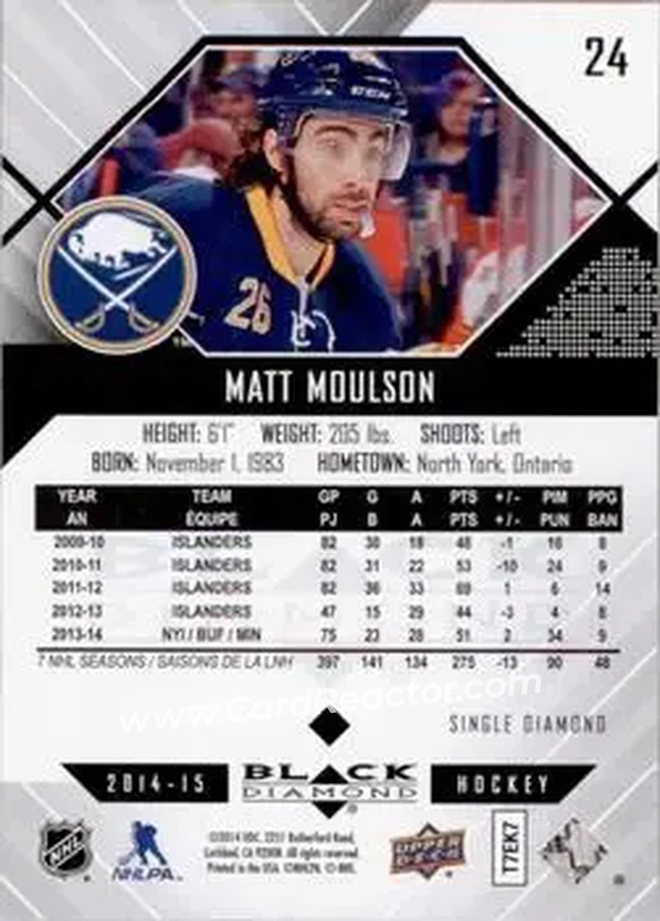 2014-15 Upper Deck Black Diamond #24 - Matt Moulson - Buffalo Sabres - Back