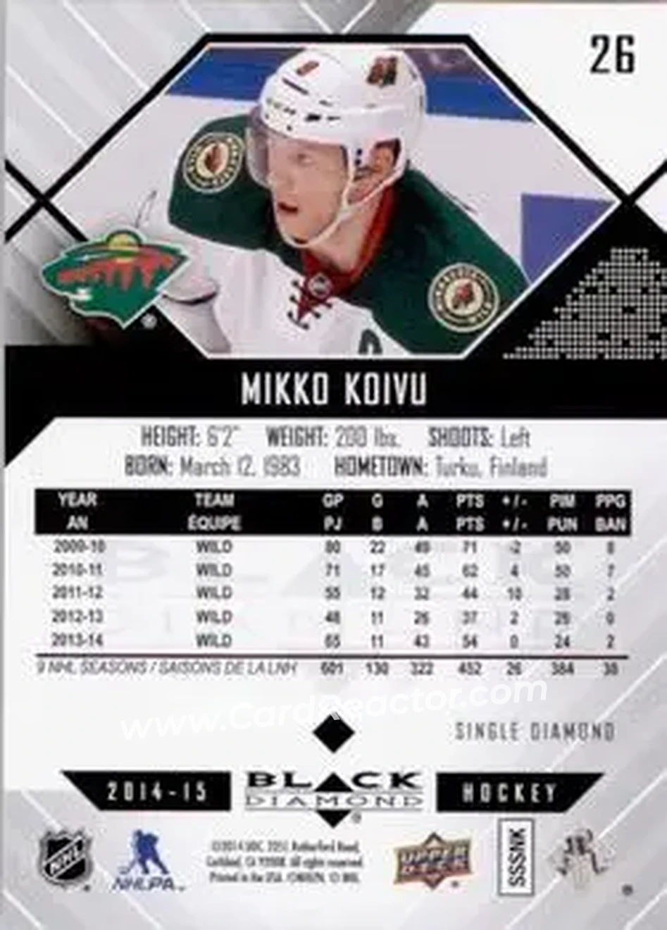 2014-15 Upper Deck Black Diamond #26 - Mikko Koivu - Minnesota Wild - Back
