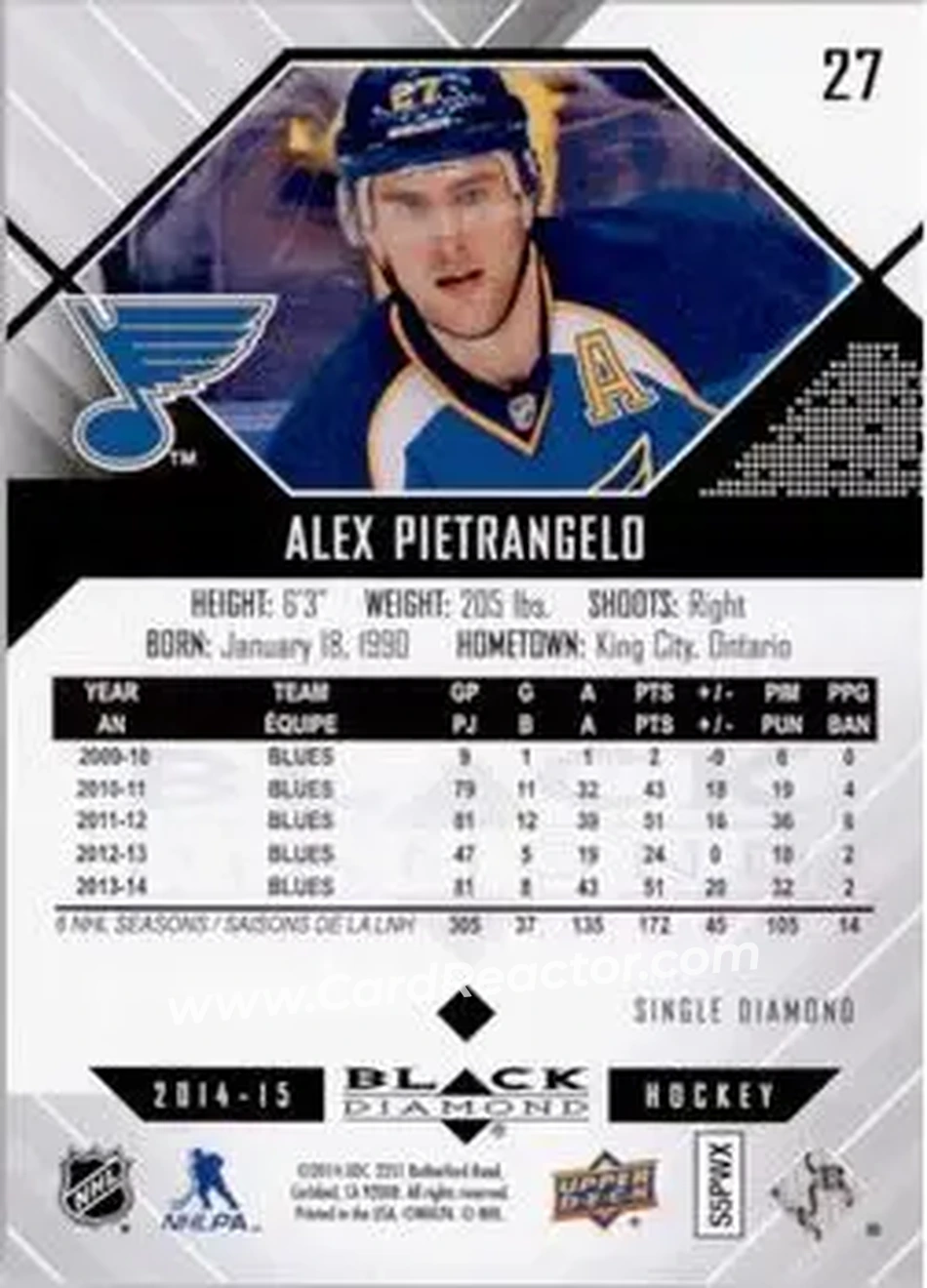 2014-15 Upper Deck Black Diamond #27 - Alex Pietrangelo - St. Louis Blues - Back