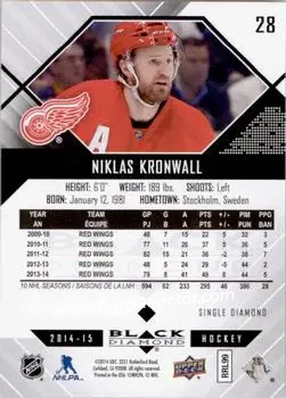 2014-15 Upper Deck Black Diamond #28 - Niklas Kronwall - Detroit Red Wings - Back
