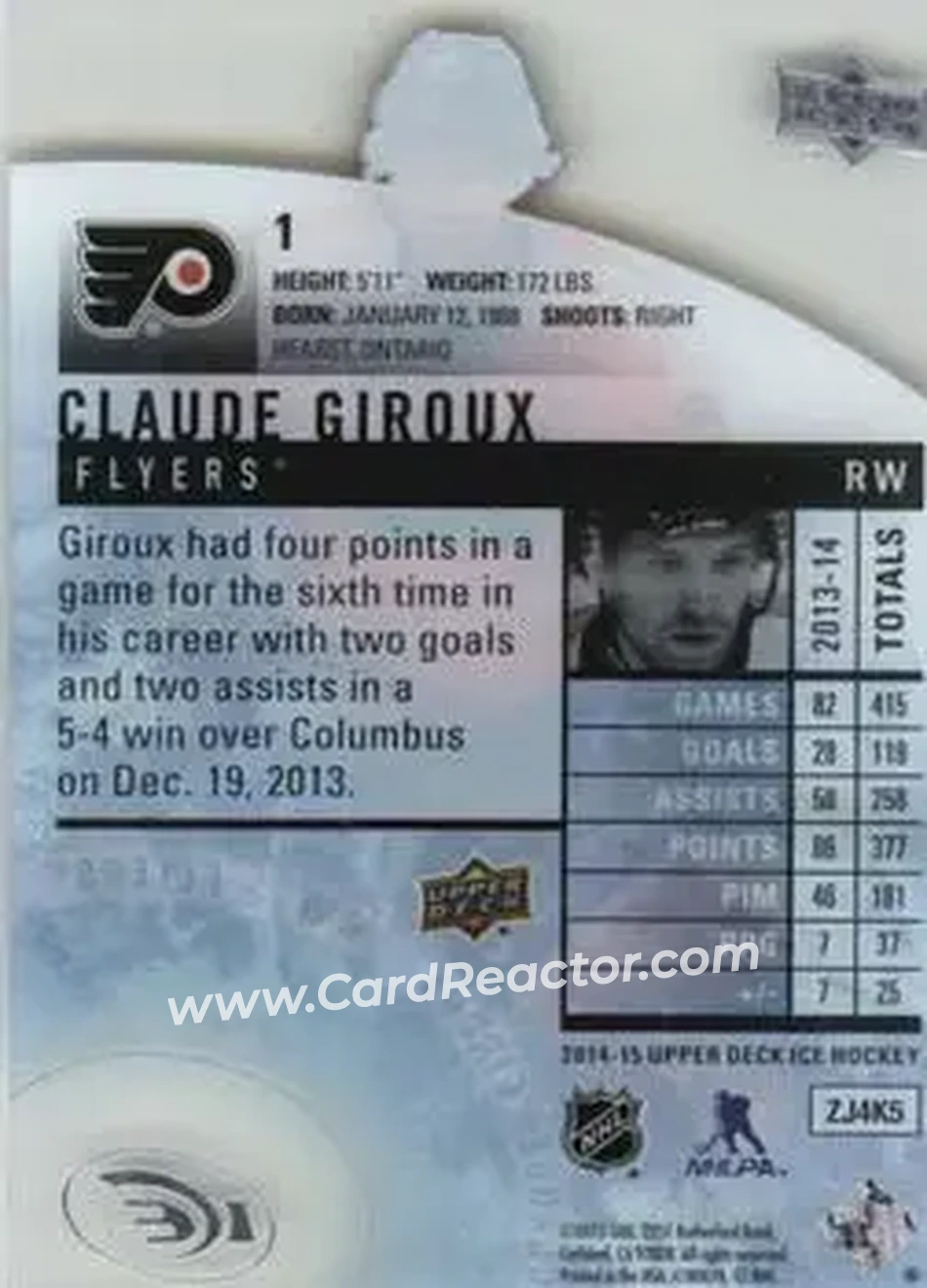 2014-15 Upper Deck Ice #1 - Claude Giroux - Philadelphia Flyers - Back