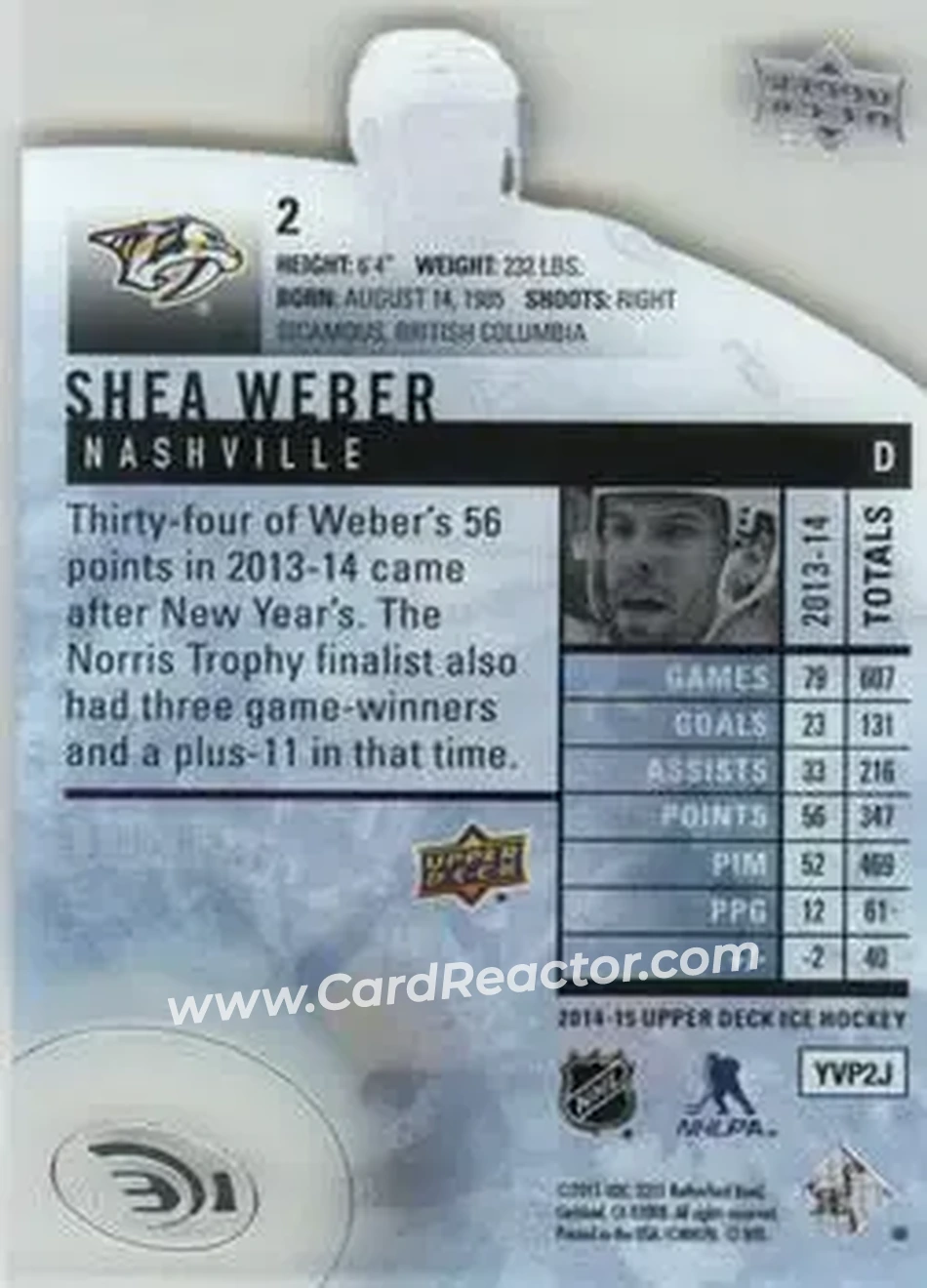 2014-15 Upper Deck Ice #2 - Shea Weber - Nashville Predators - Back