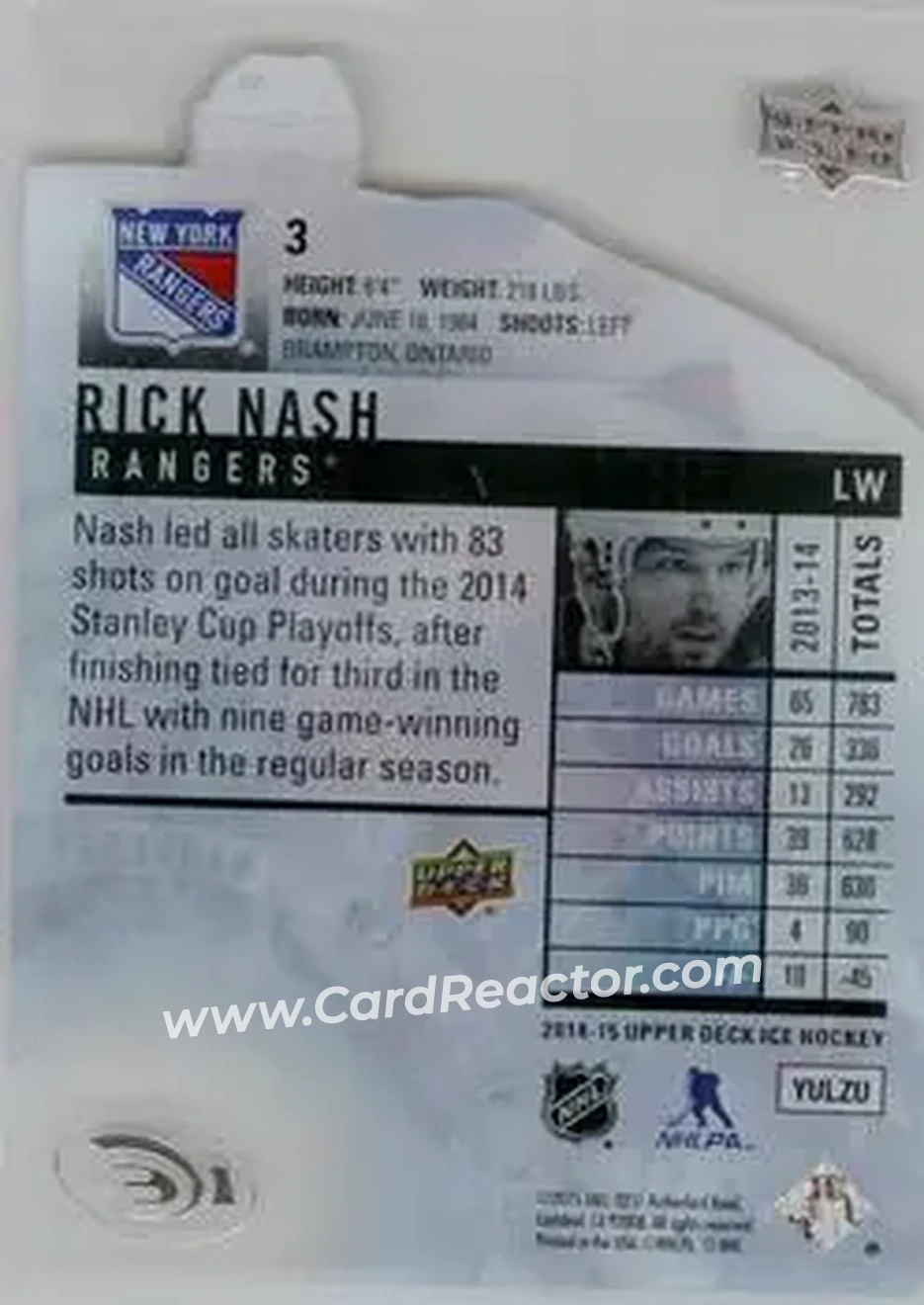 2014-15 Upper Deck Ice #3 - Rick Nash - New York Rangers - Back
