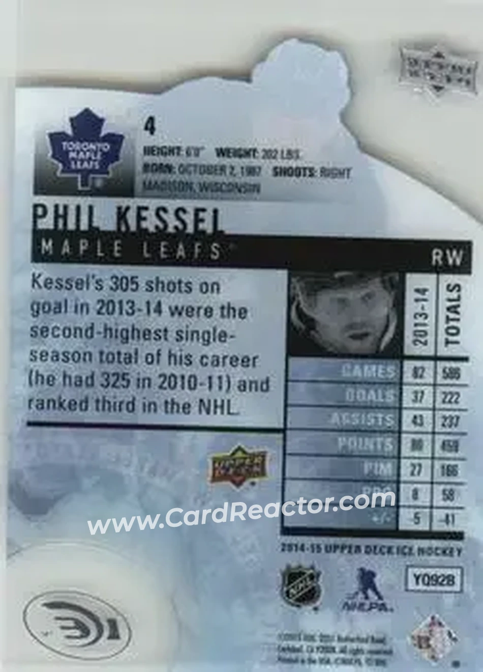 2014-15 Upper Deck Ice #4 - Phil Kessel - Toronto Maple Leafs - Back