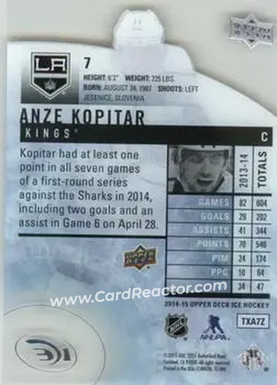 2014-15 Upper Deck Ice #7 - Anze Kopitar - Los Angeles Kings - Back