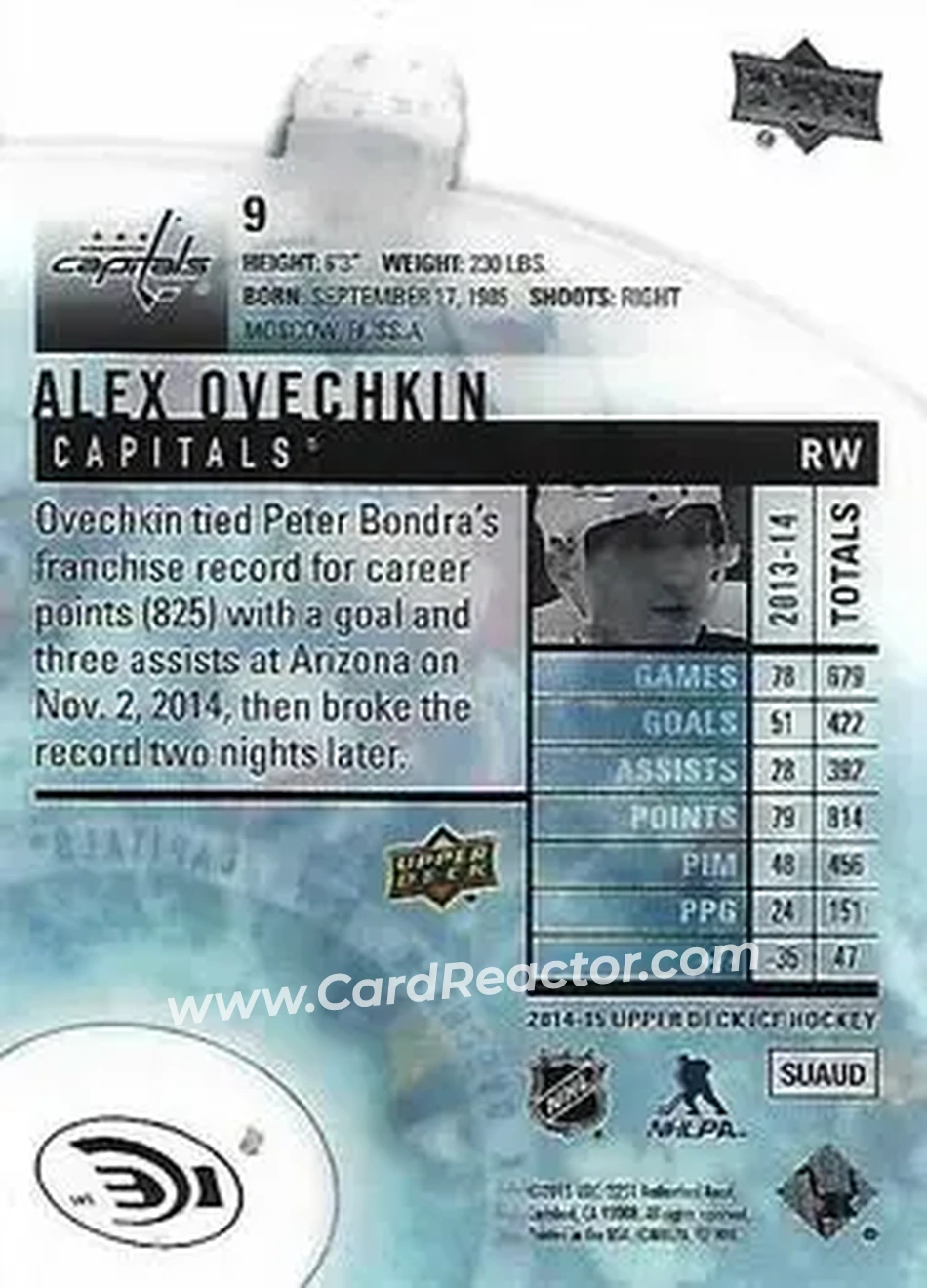 2014-15 Upper Deck Ice #9 - Alex Ovechkin - Washington Capitals - Back 2014-15 Upper Deck Ice #9 - Alex Ovechkin - Washington Capitals - Back