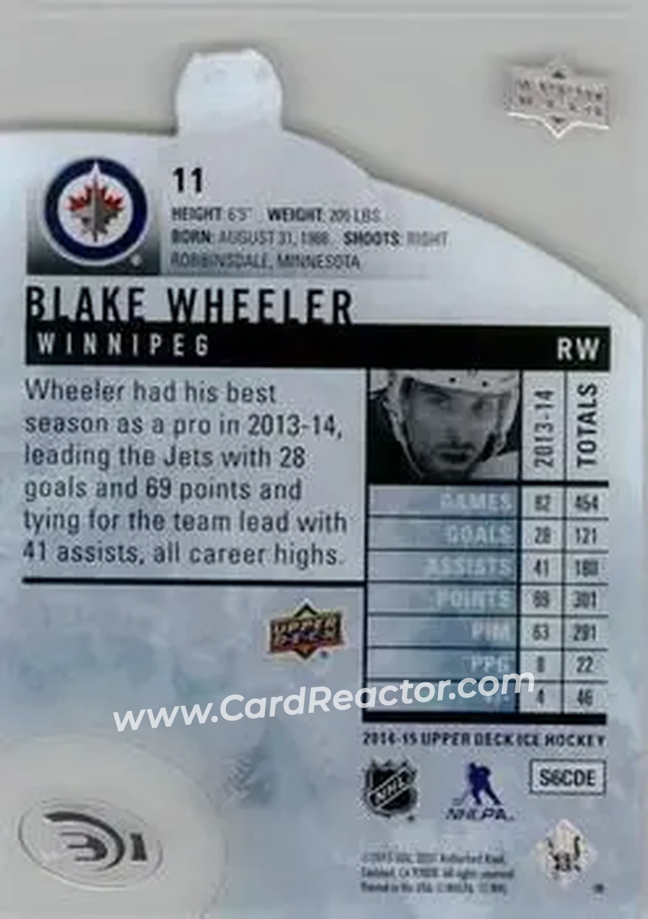 2014-15 Upper Deck Ice #11 - Blake Wheeler - Winnipeg Jets - Back