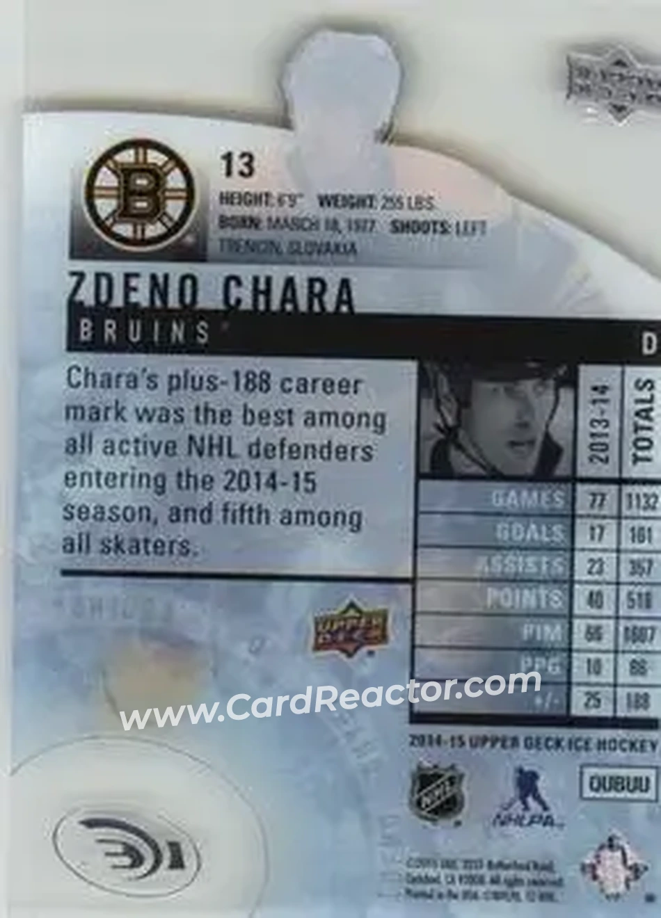 2014-15 Upper Deck Ice #13 - Zdeno Chara - Boston Bruins - Back