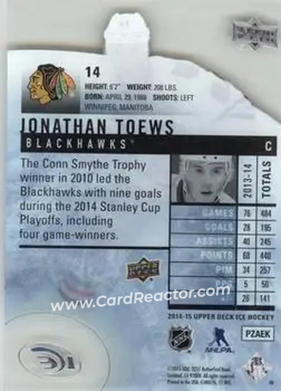 2014-15 Upper Deck Ice #14 - Jonathan Toews - Chicago Blackhawks - Back