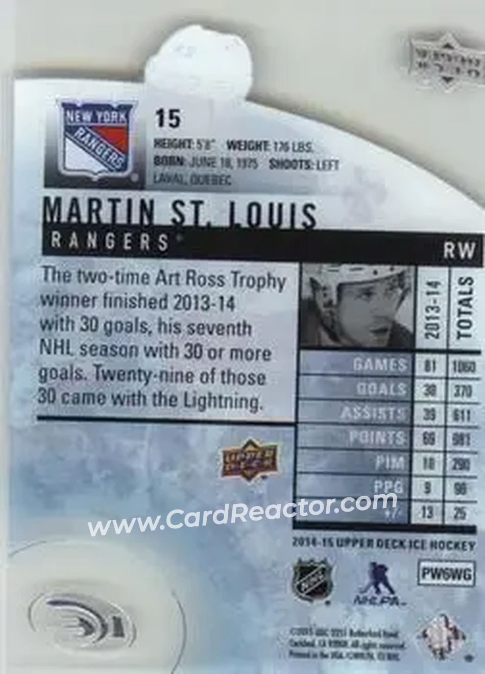 2014-15 Upper Deck Ice #15 - Martin St. Louis - New York Rangers - Back