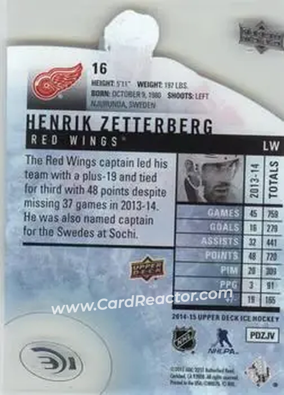 2014-15 Upper Deck Ice #16 - Henrik Zetterberg - Detroit Red Wings - Back