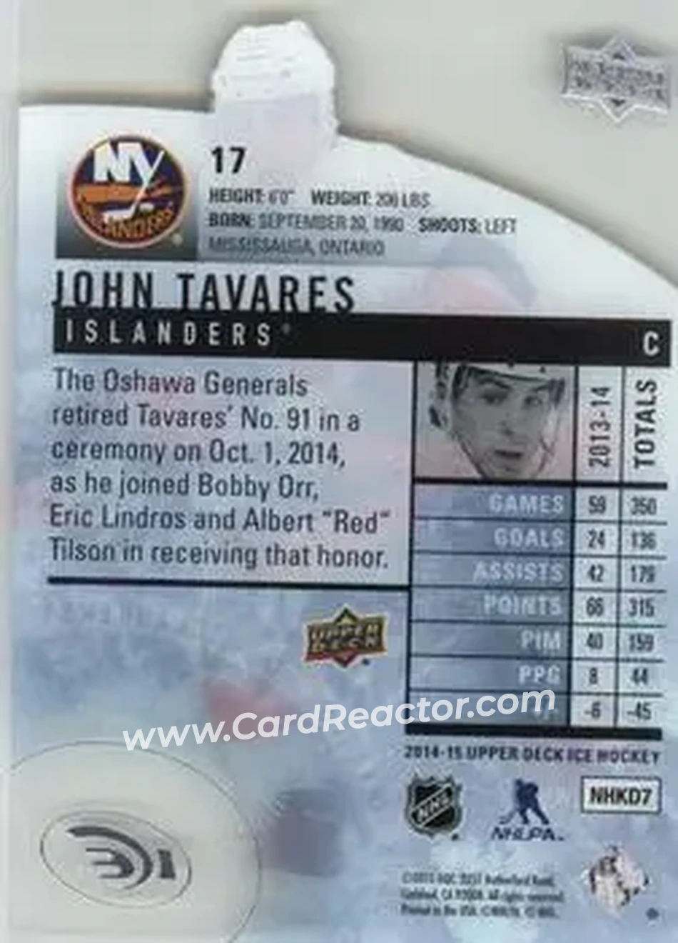 2014-15 Upper Deck Ice #17 - John Tavares - New York Islanders - Back