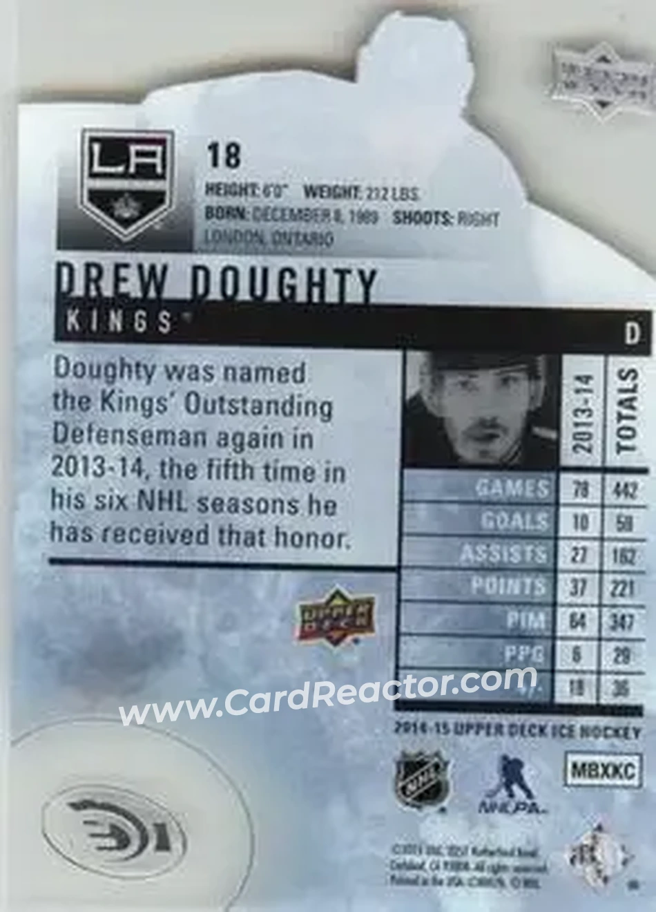 2014-15 Upper Deck Ice #18 - Drew Doughty - Los Angeles Kings - Back
