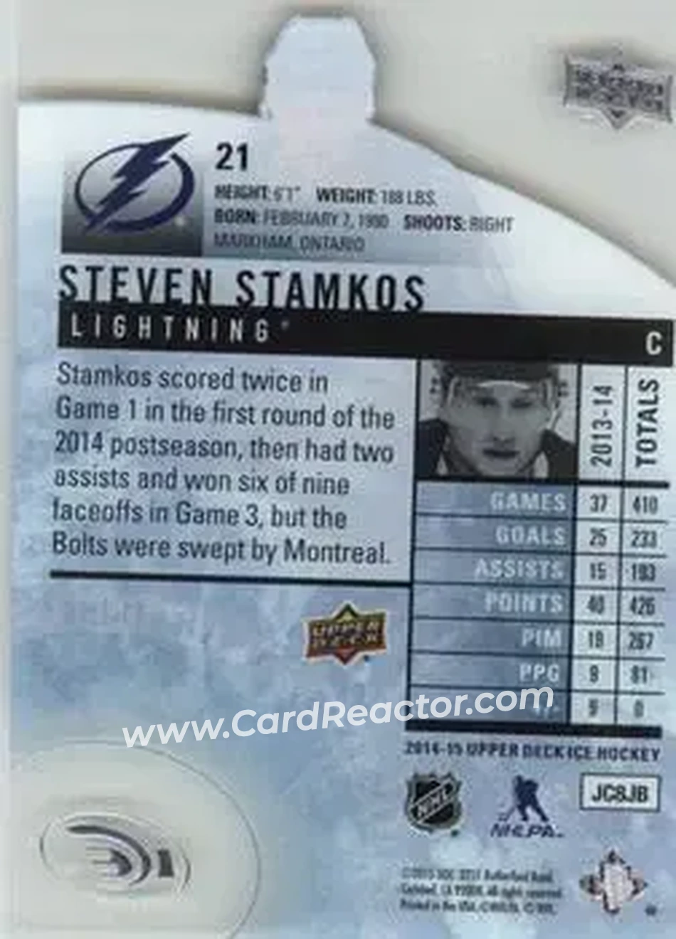 2014-15 Upper Deck Ice #21 - Steven Stamkos - Tampa Bay Lightning - Back