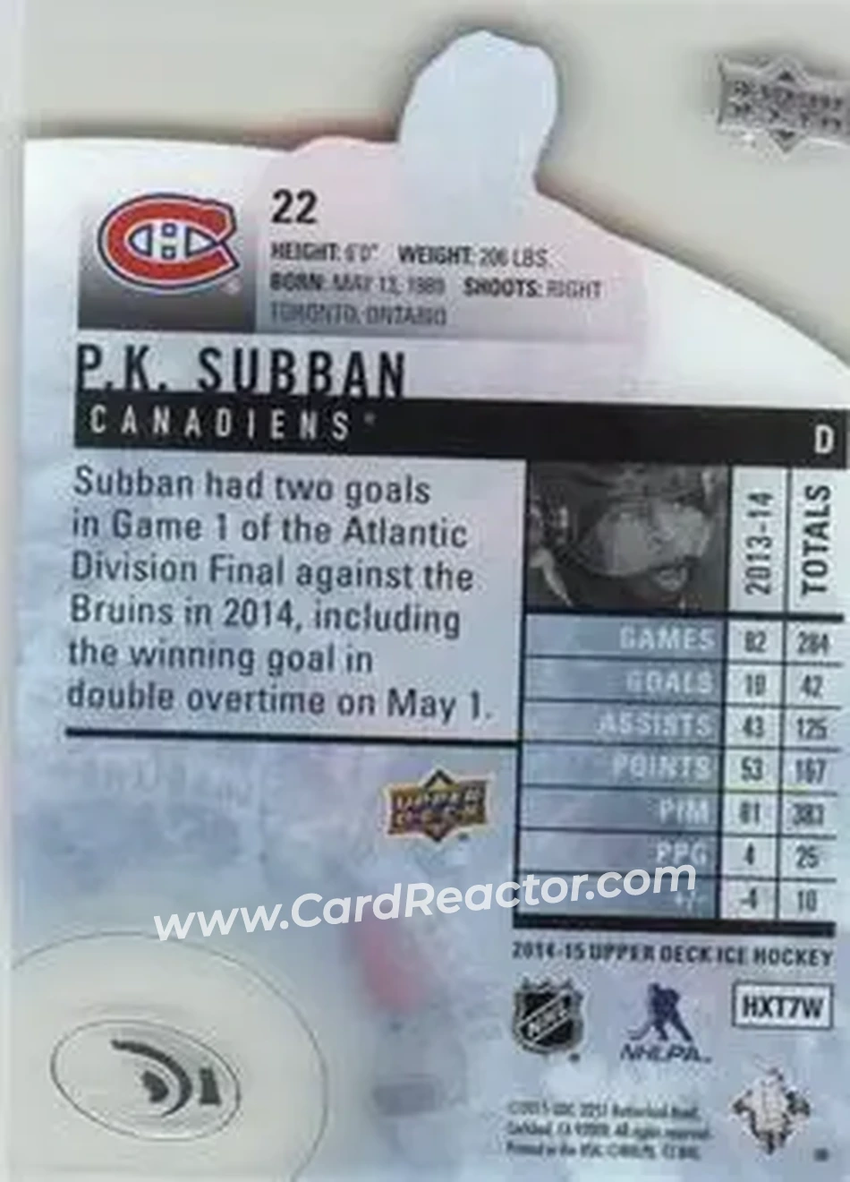 2014-15 Upper Deck Ice #22 - P.K. Subban - Montreal Canadiens - Back