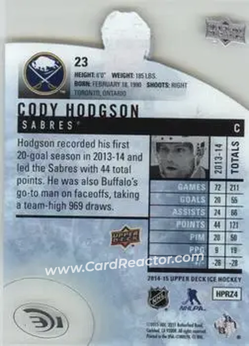 2014-15 Upper Deck Ice #23 - Cody Hodgson - Buffalo Sabres - Back