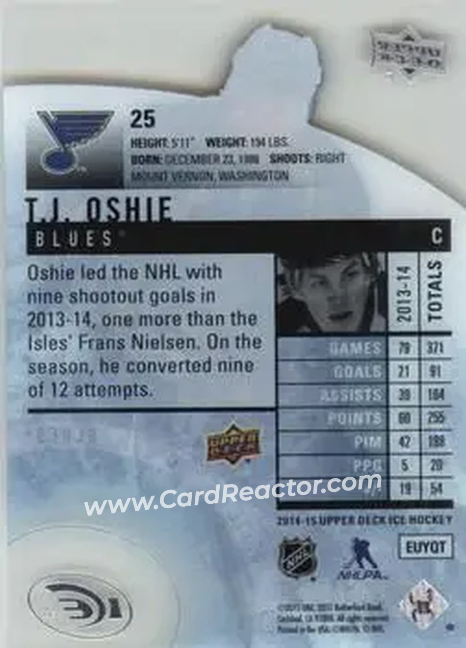 2014-15 Upper Deck Ice #25 - T.J. Oshie - St. Louis Blues - Back 2014-15 Upper Deck Ice #25 - T.J. Oshie - St. Louis Blues - Back