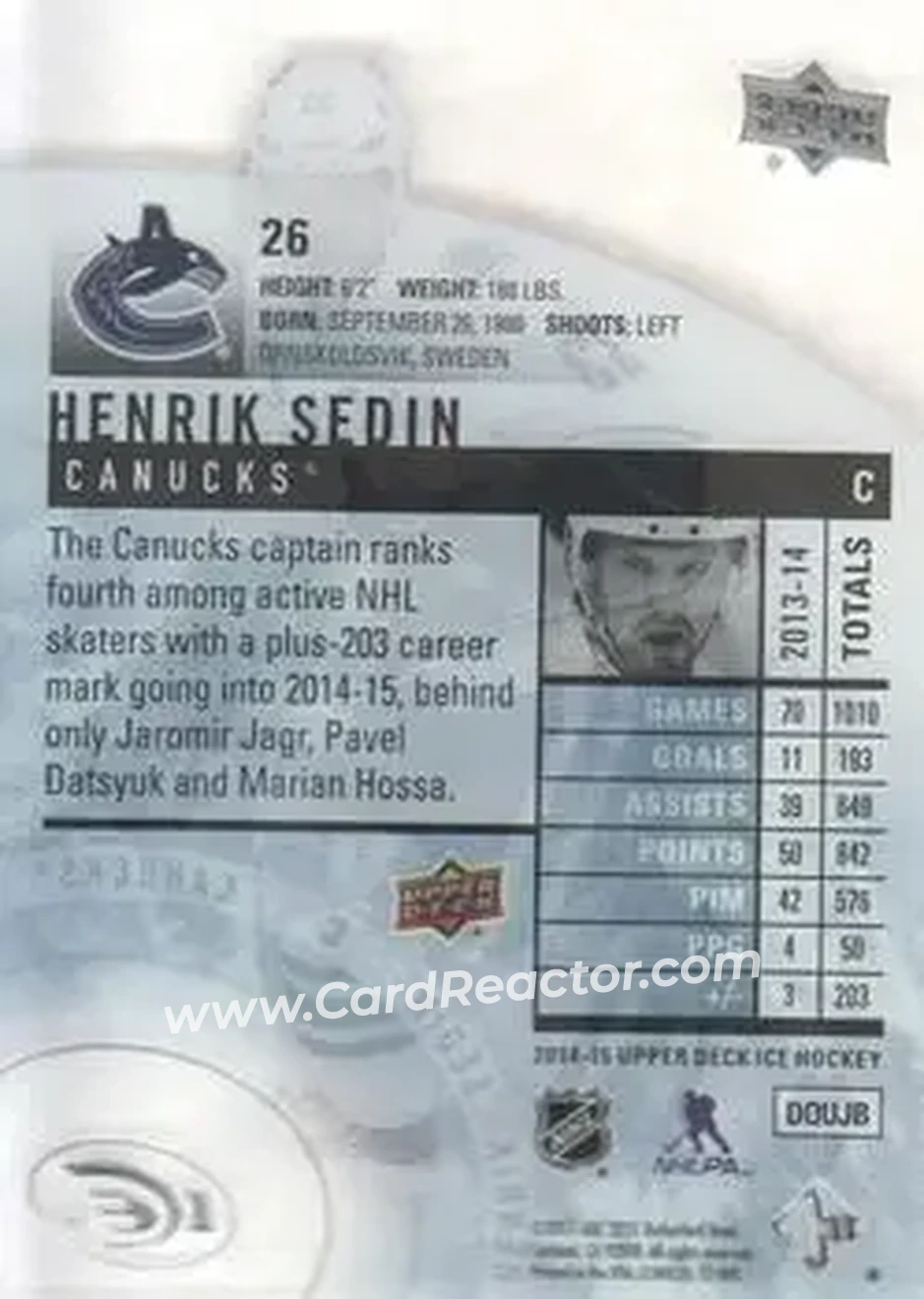 2014-15 Upper Deck Ice #26 - Henrik Sedin - Vancouver Canucks - Back