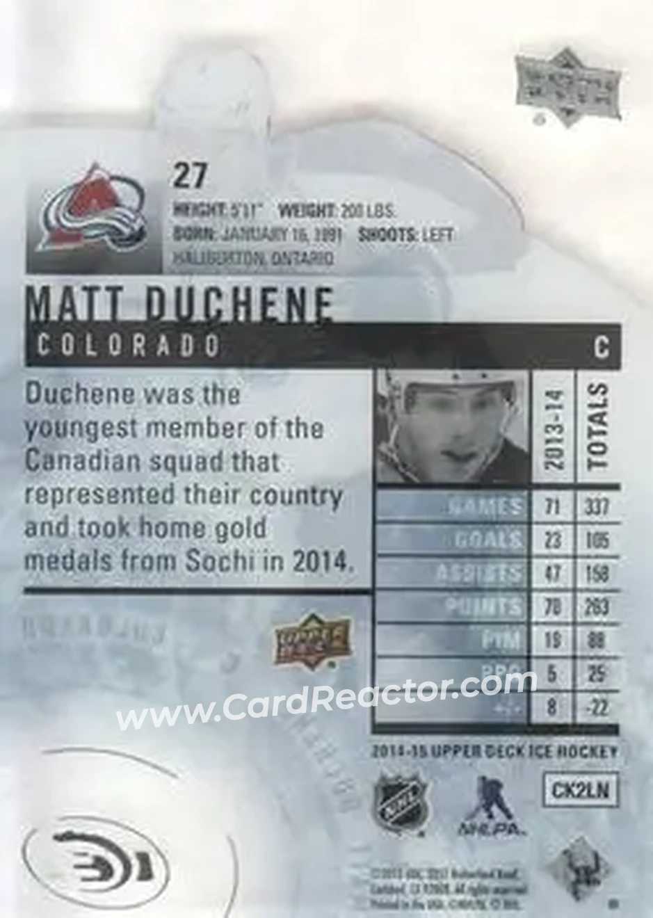 2014-15 Upper Deck Ice #27 - Matt Duchene - Colorado Avalanche - Back