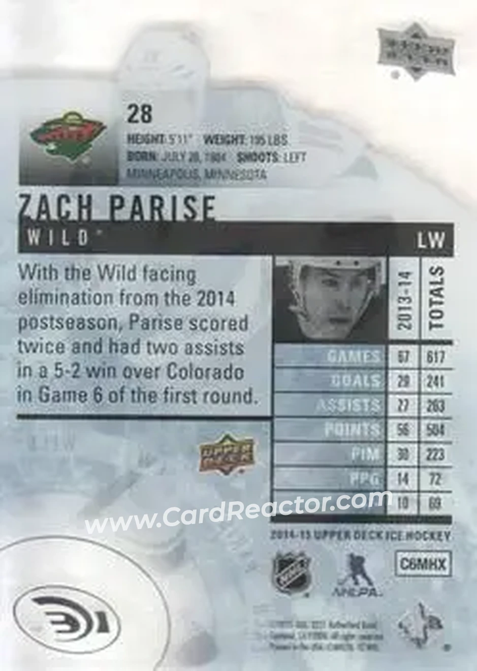 2014-15 Upper Deck Ice #28 - Zach Parise - Minnesota Wild - Back