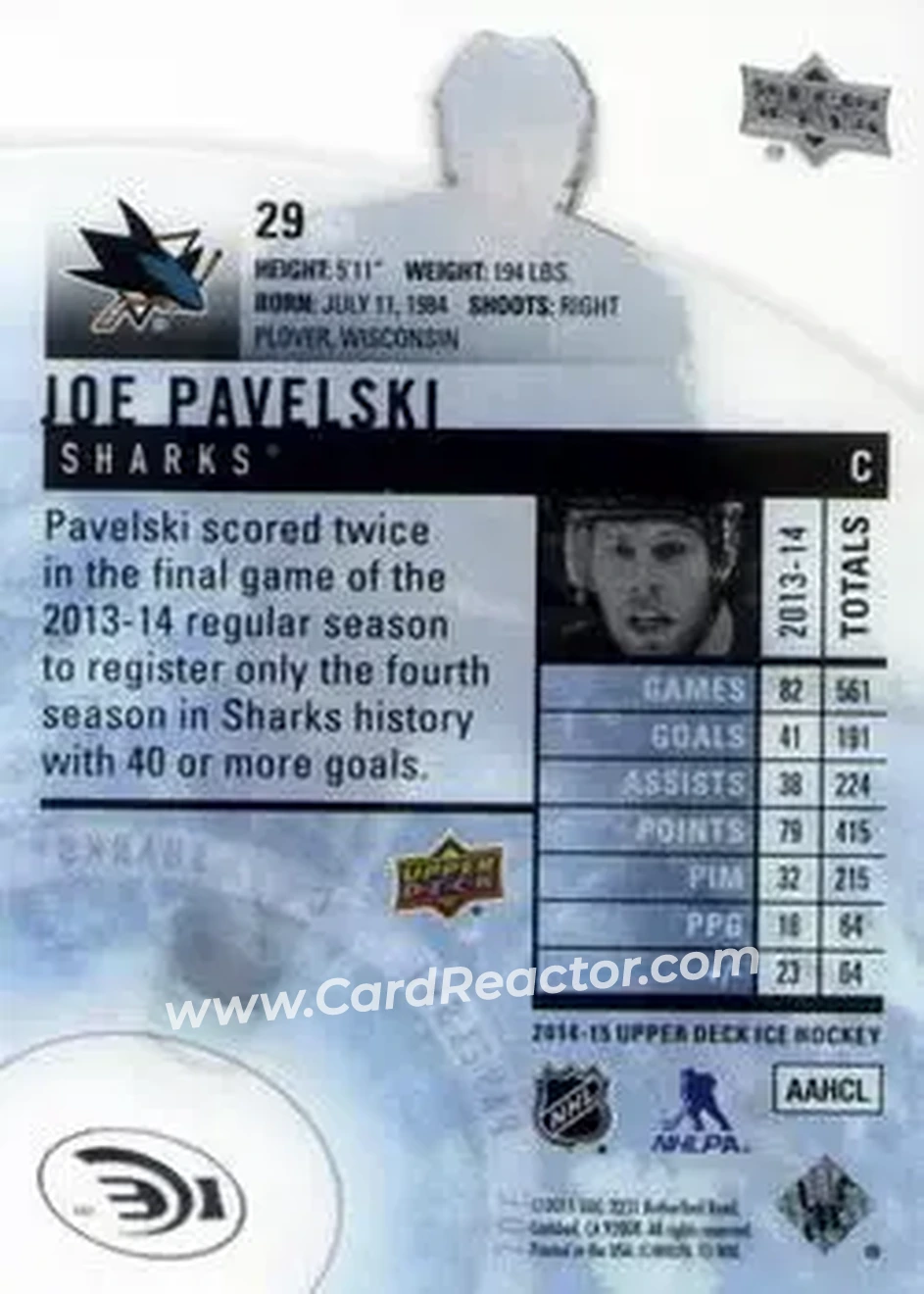 2014-15 Upper Deck Ice #29 - Joe Pavelski - San Jose Sharks - Back
