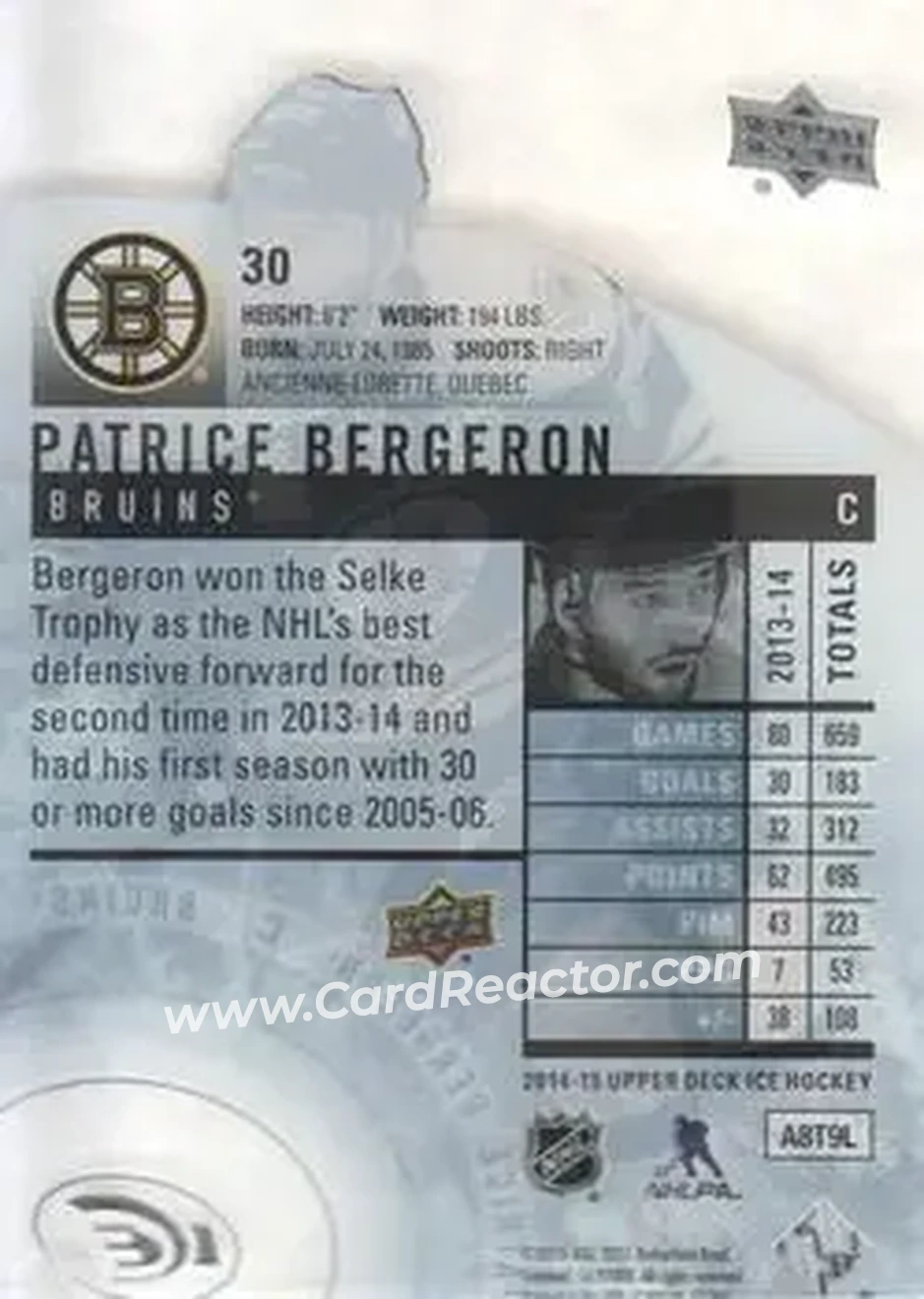 2014-15 Upper Deck Ice #30 - Patrice Bergeron - Boston Bruins - Back