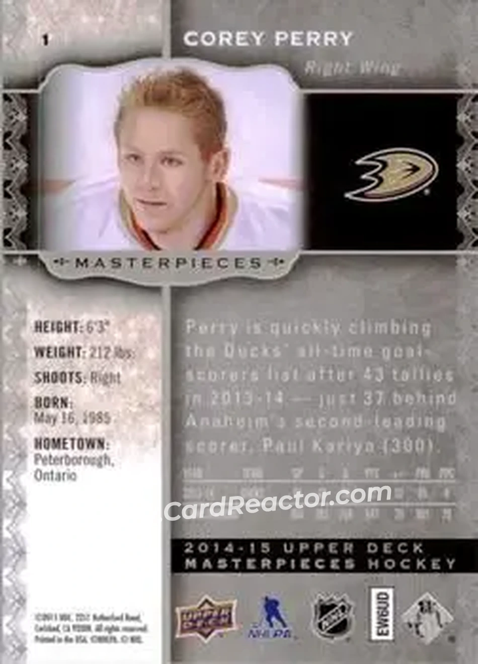 2014-15 Upper Deck Masterpieces #1 - Corey Perry - Anaheim Ducks - Back
