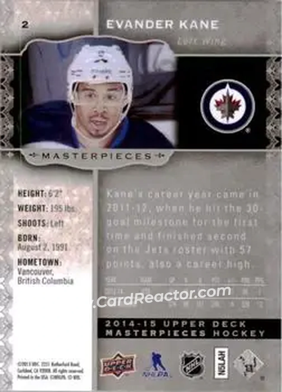 2014-15 Upper Deck Masterpieces #2 - Evander Kane - Winnipeg Jets - Back 2014-15 Upper Deck Masterpieces #2 - Evander Kane - Winnipeg Jets - Back