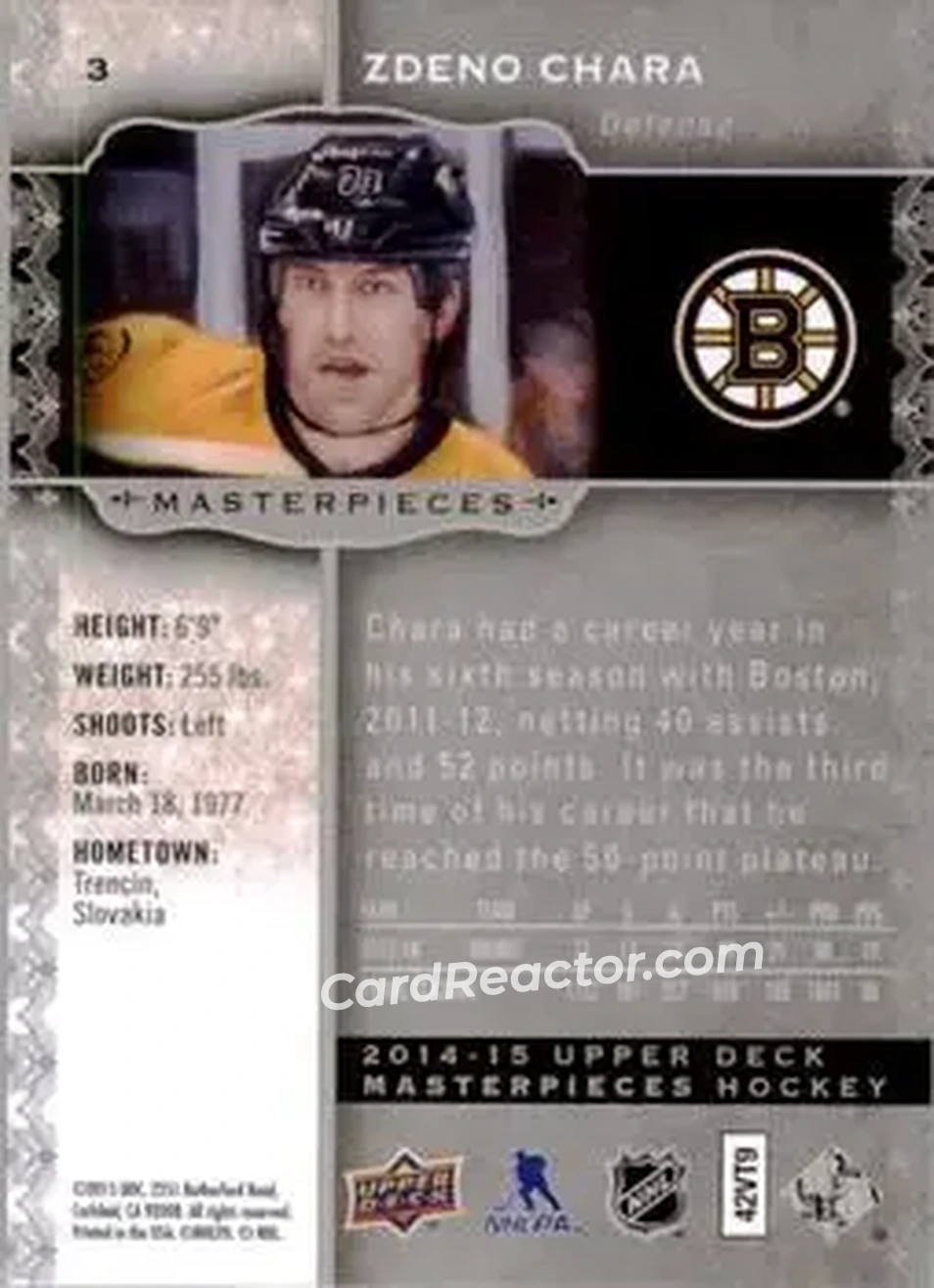 2014-15 Upper Deck Masterpieces #3 - Zdeno Chara - Boston Bruins - Back